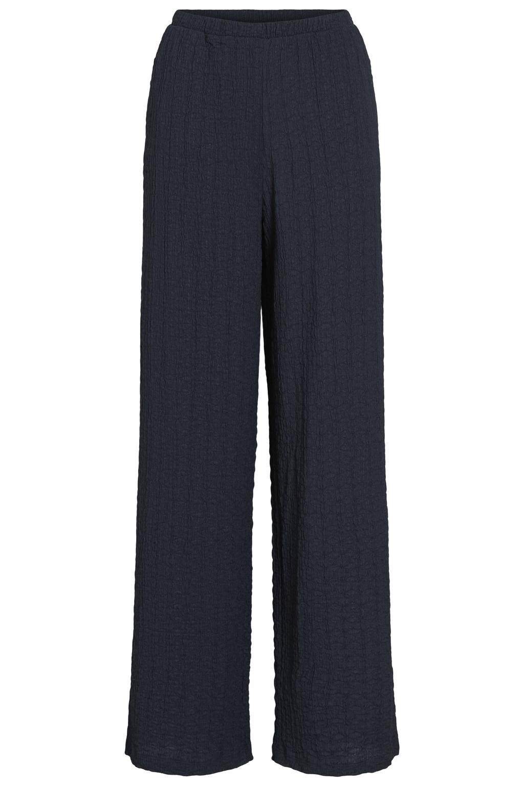 Donkerblauwe dames VILA regular waist wide leg broek met effen
