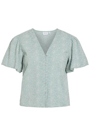 Vizelka V-Neck S/S Shirt katoenen broderie top - turquoise
