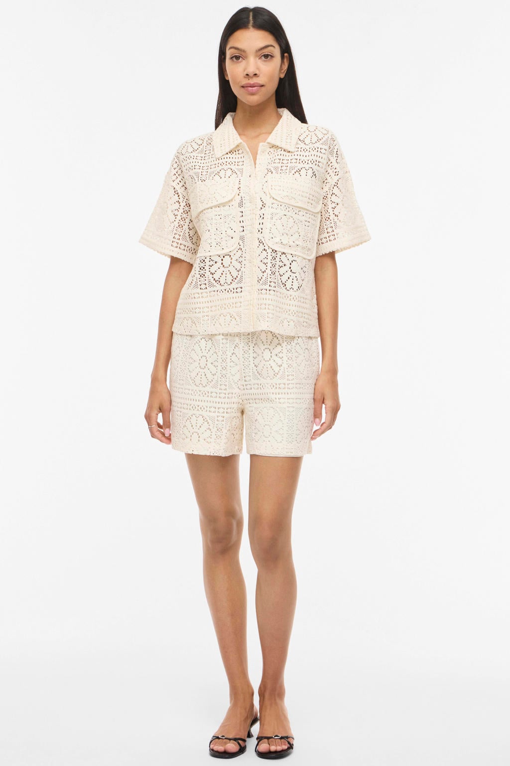Ecru dames VILA katoenen loose fit blouse met korte mouwen, klassieke kraag en crochet