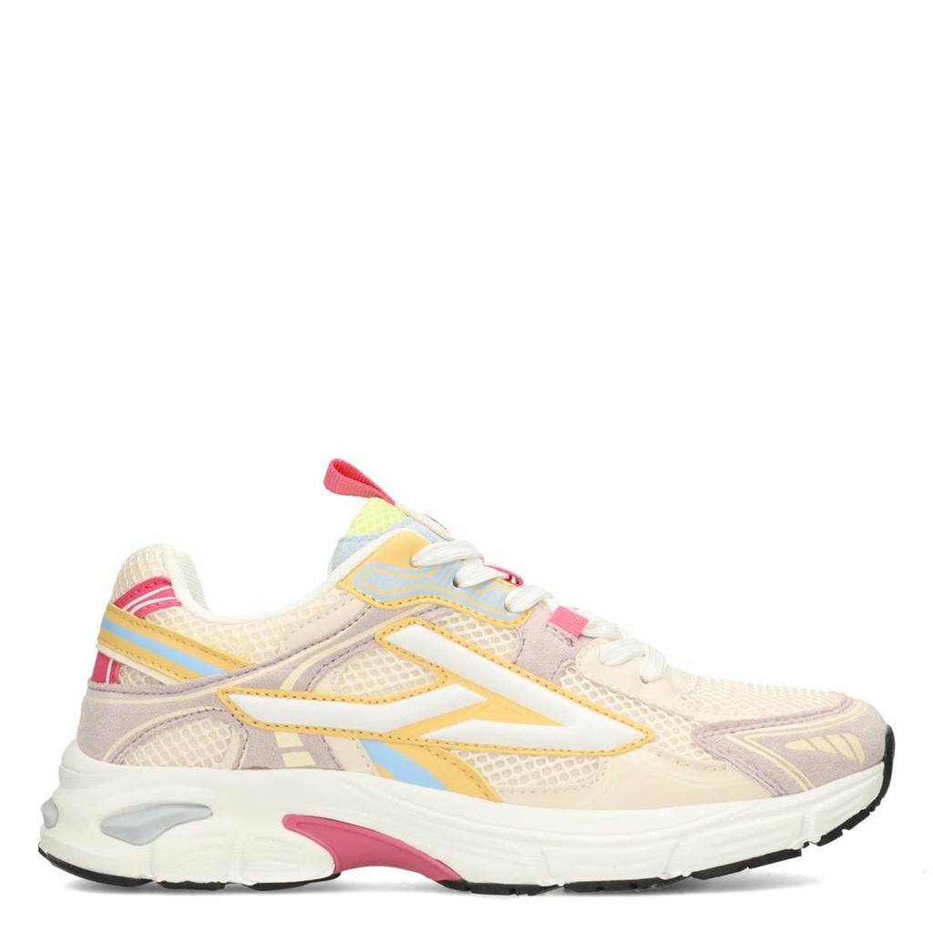 Lichtgele dames POSH by Poelman Ginny chunky sneakers van textiel en imitatieleer met veters