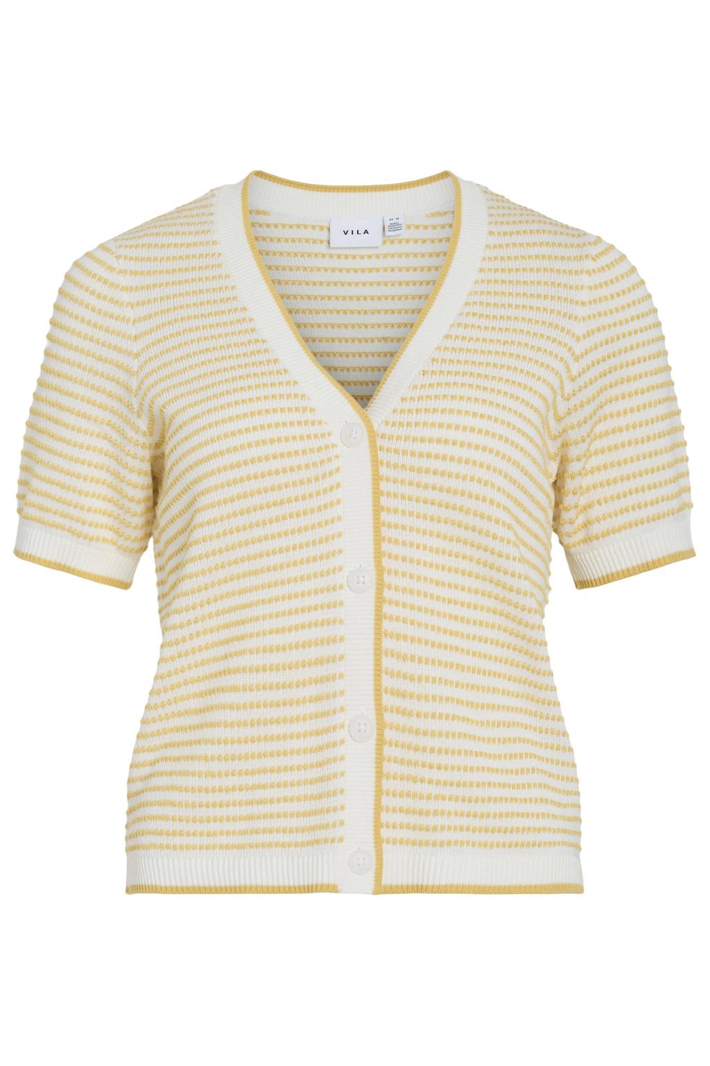Geel en witte dames VILA katoenen regular fit gebreid gestreepte vest met korte mouwen en V-hals