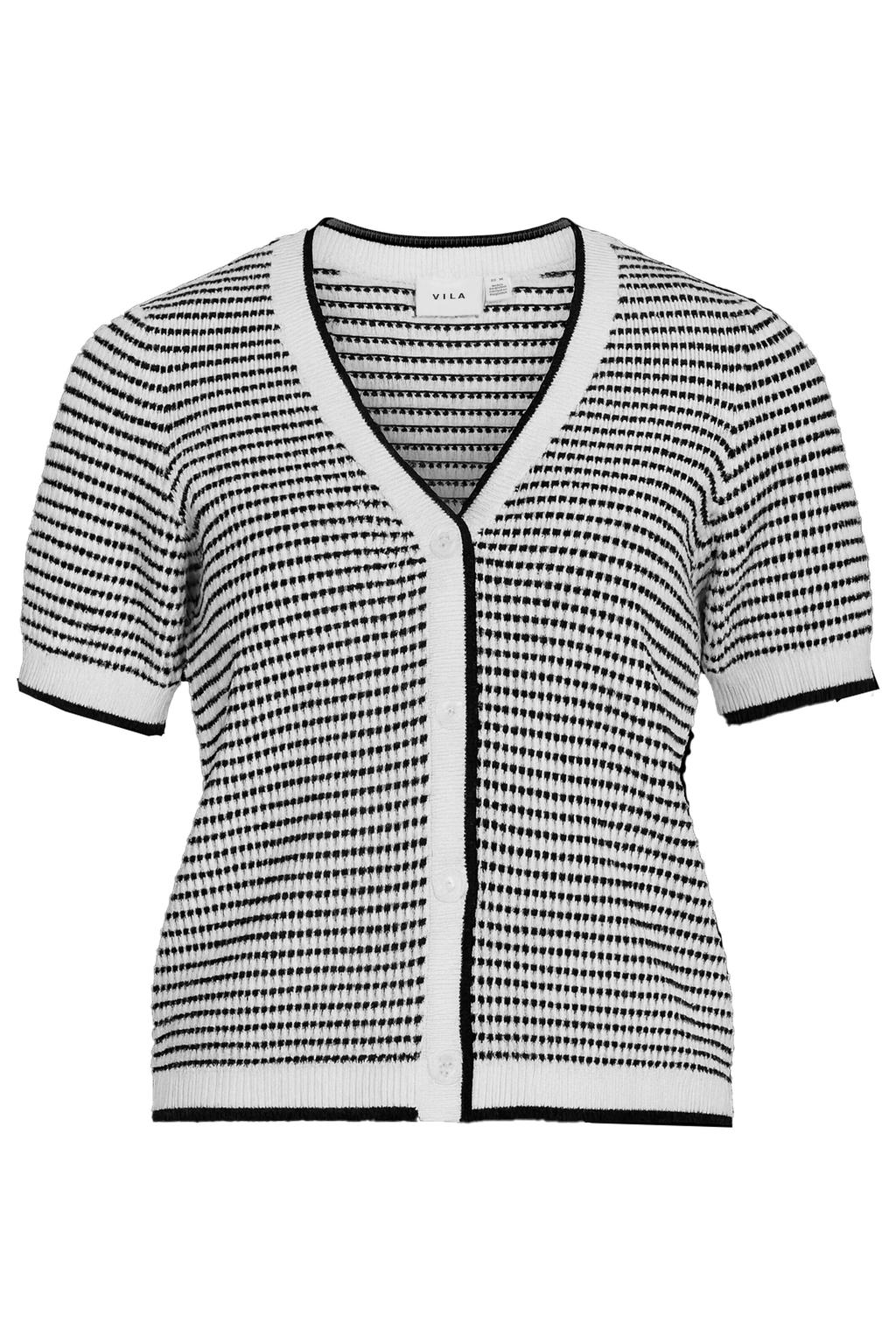 Wit en zwarte dames VILA katoenen gestreept vest met korte mouwen, V-hals, knoopsluiting en gebreide details
