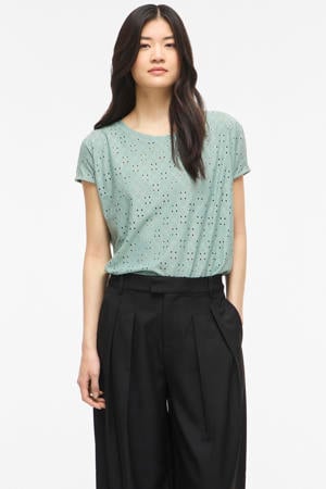 regular fit broderie top - grijsgroen