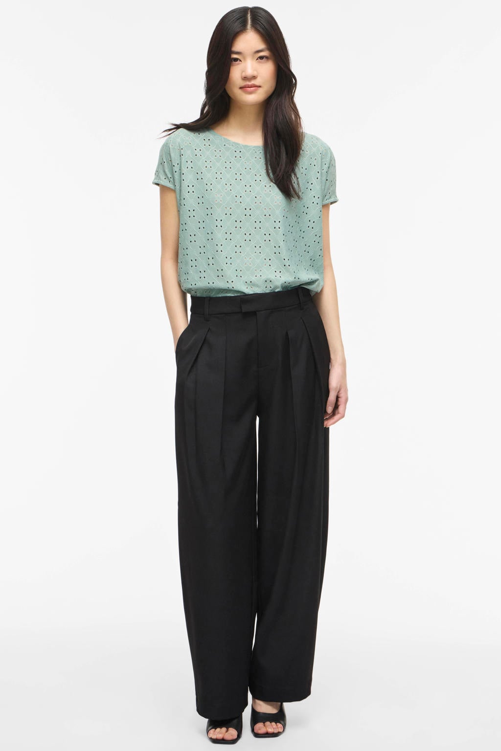 VILA regular fit broderie top - grijsgroen