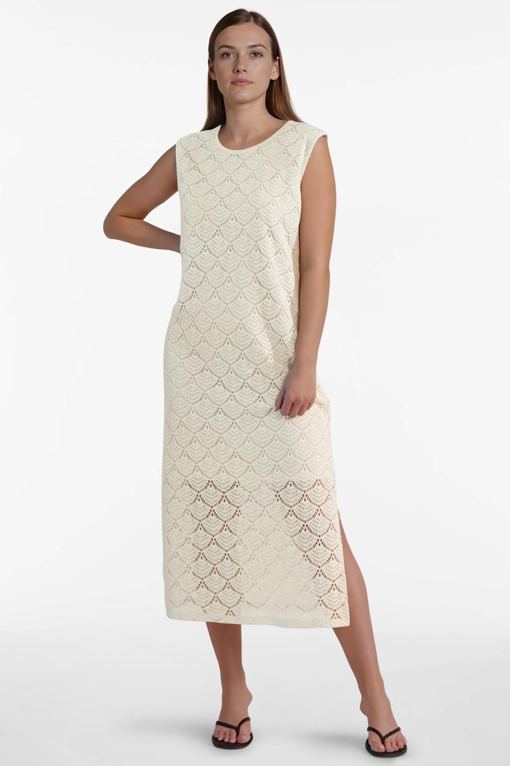 Ecru dames VILA broderie midijurk van polyester met effen, ronde hals en knoopsluiting