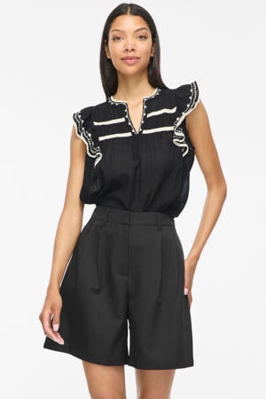 katoenen regular fit gehaakte top met ruches - zwart