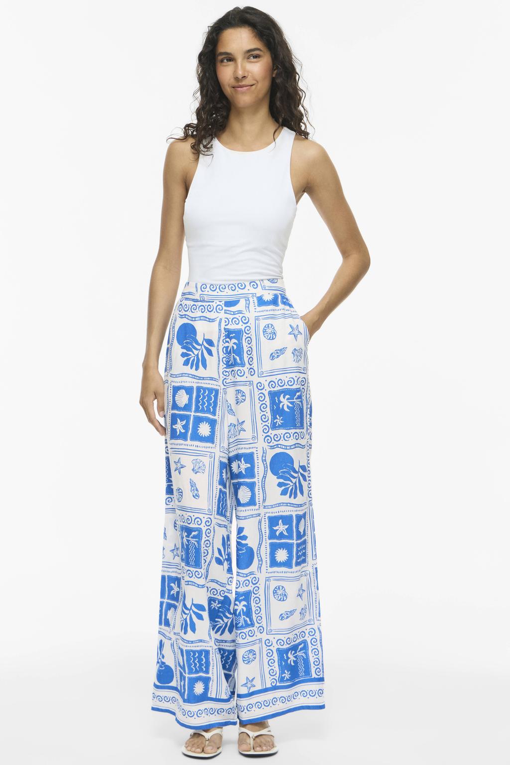Blauw en ecru dames VILA high wide leg broek van viscose met elastische inzet