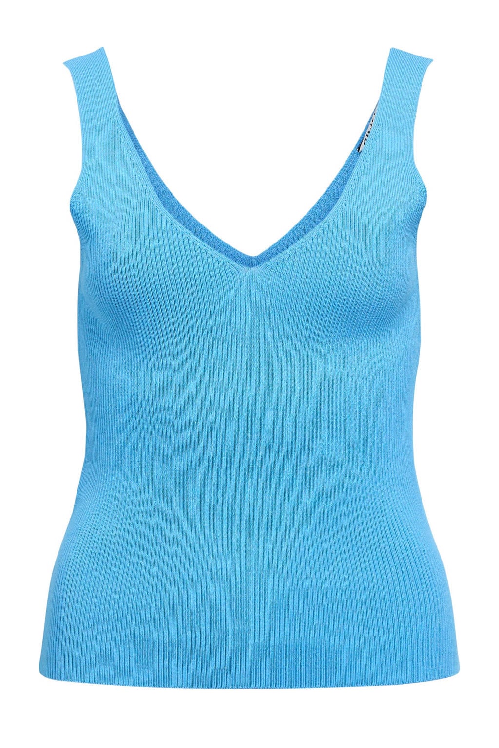 Blauwe dames OBJECT singlet gebreid van nylon met effen en V-hals