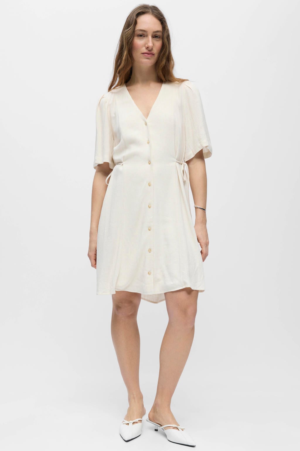 Ecru dames OBJECT mini jurk van viscose met effen, korte mouwen, V-hals en strikje