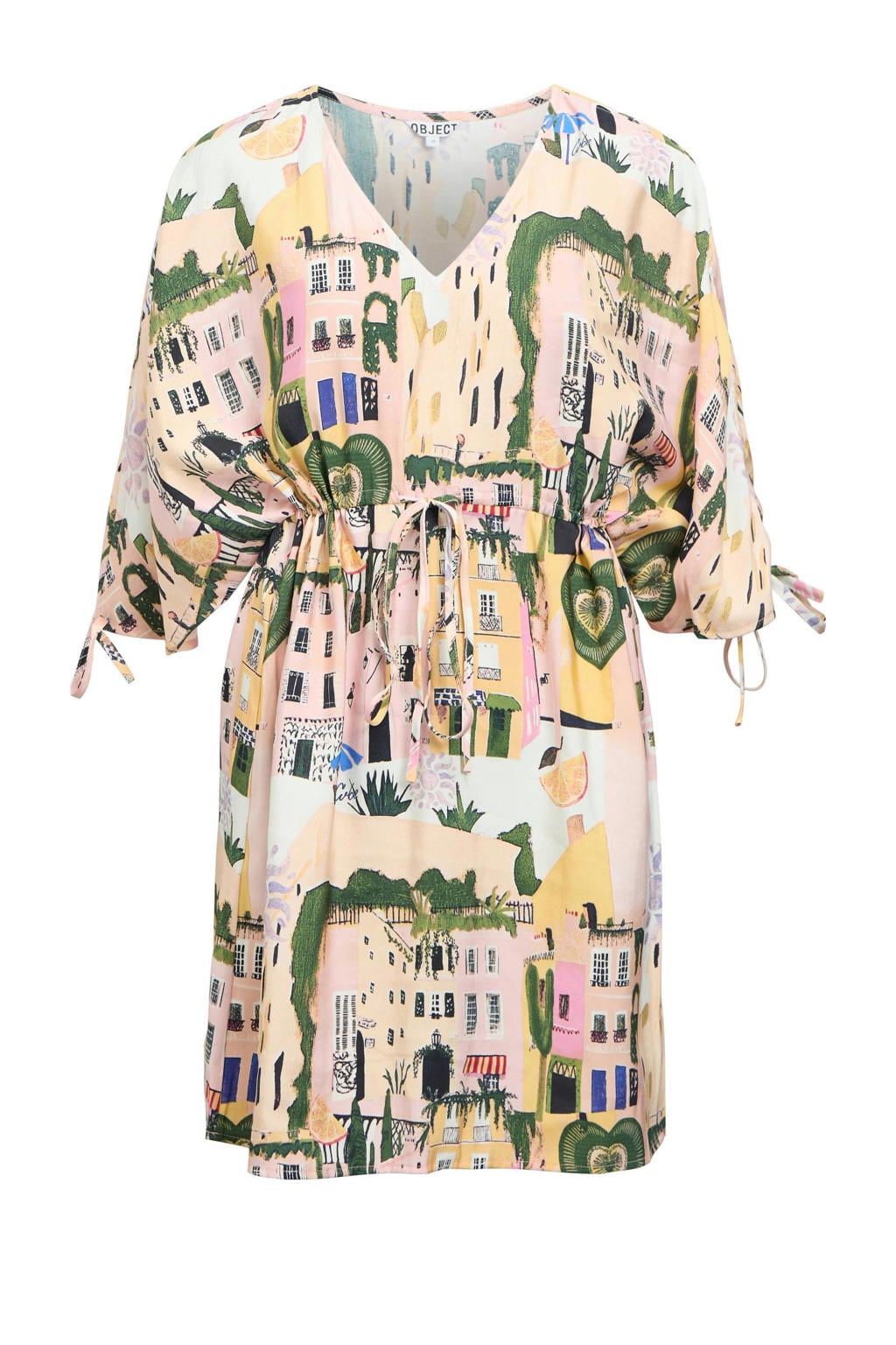 Multikleurige dames OBJECT mini jurk van viscose met V-hals