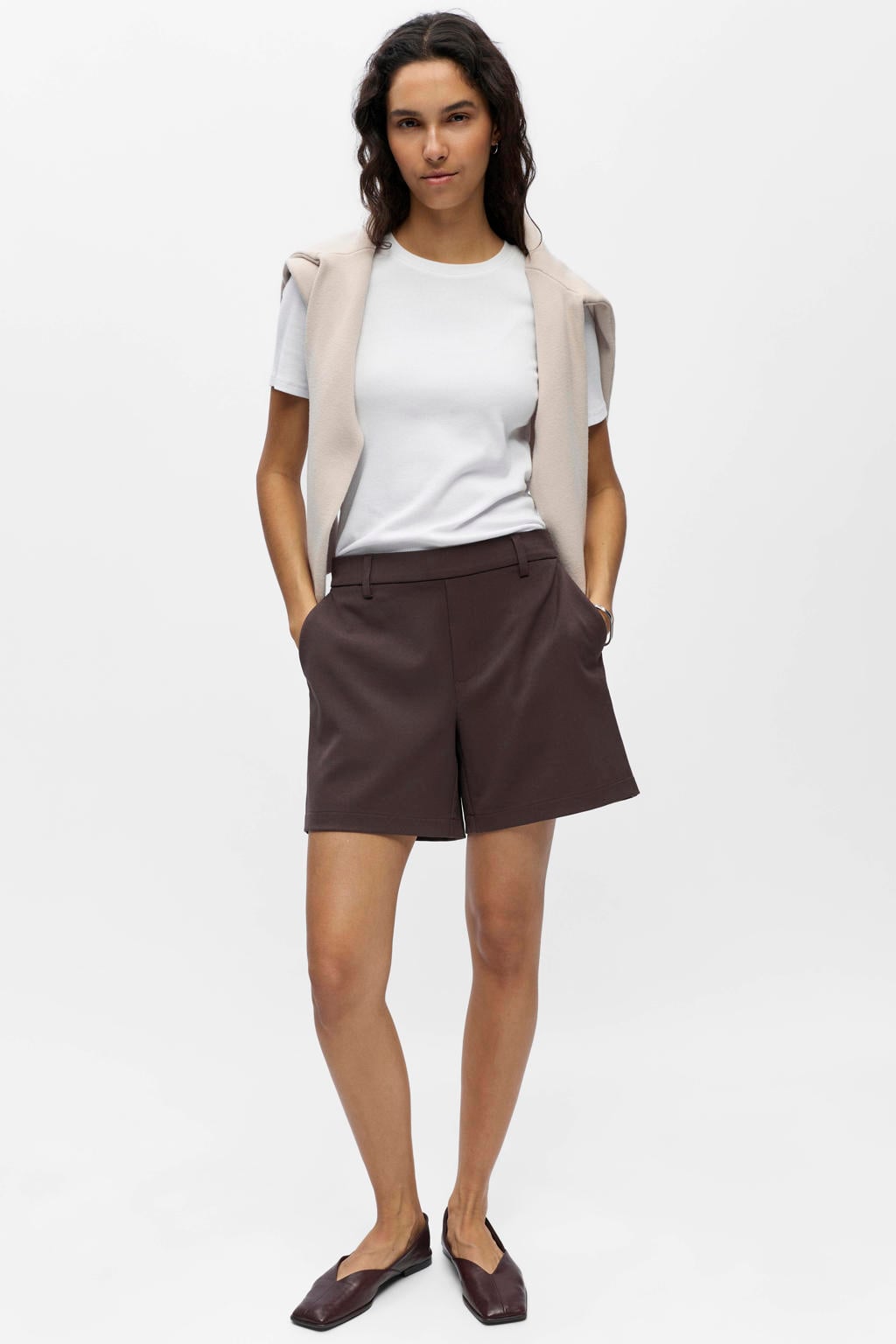 Bruine dames OBJECT regular waist casual short van polyester met elastische inzet en effen