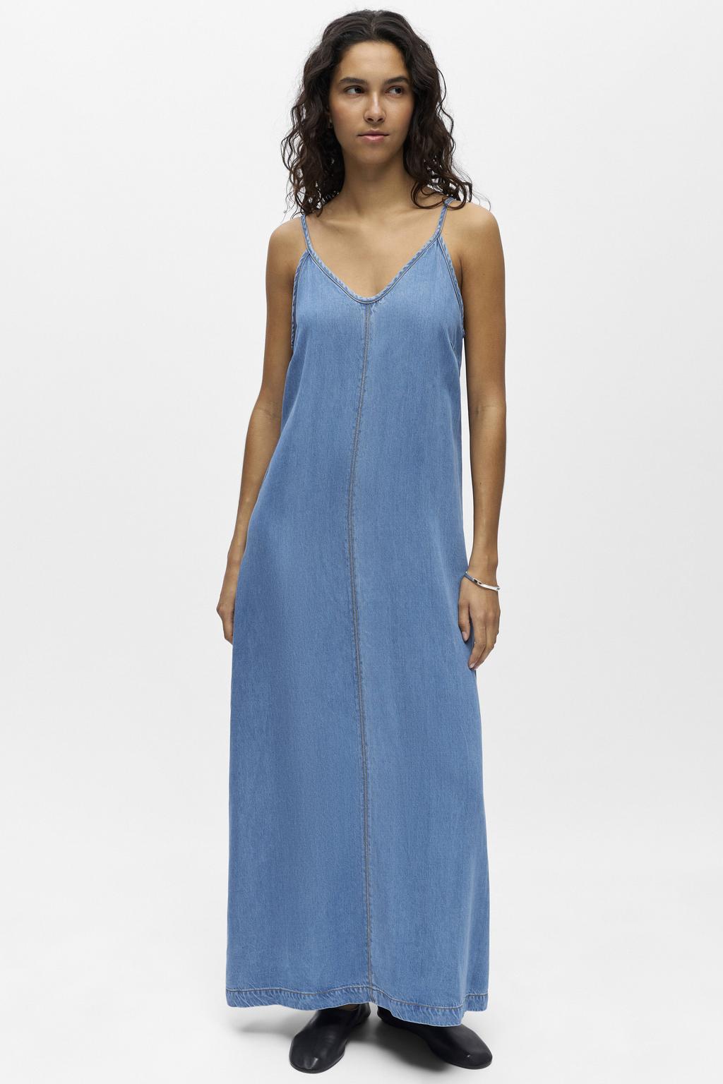 Light blue denim dames OBJECT spijkerjurk van lyocell met effen, spaghettibandjes en V-hals