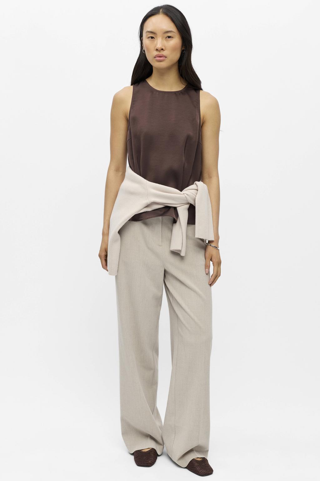 Bruine dames OBJECT loose fit top van viscose met effen en ronde hals