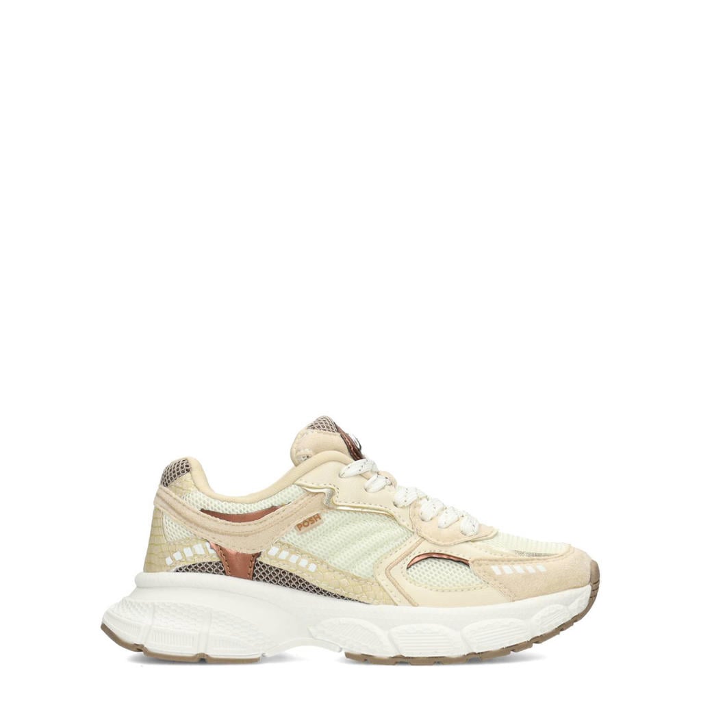 Beige meisjes POSH by Poelman sneakers van imitatieleer met veters