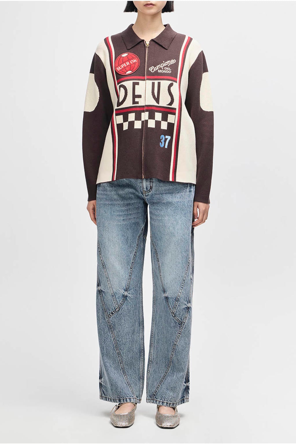 Zwart en witte dames Deus Ex Machina sweatvest van katoen met korte mouwen, klassieke kraag en ritssluiting