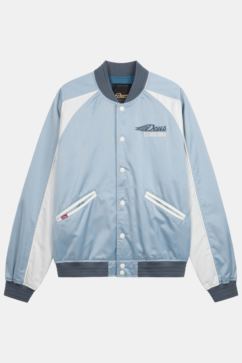 Lichtblauwe dames Deus Ex Machina bomberjack van polyester met backprint, lange mouwen, ronde hals en knoopsluiting