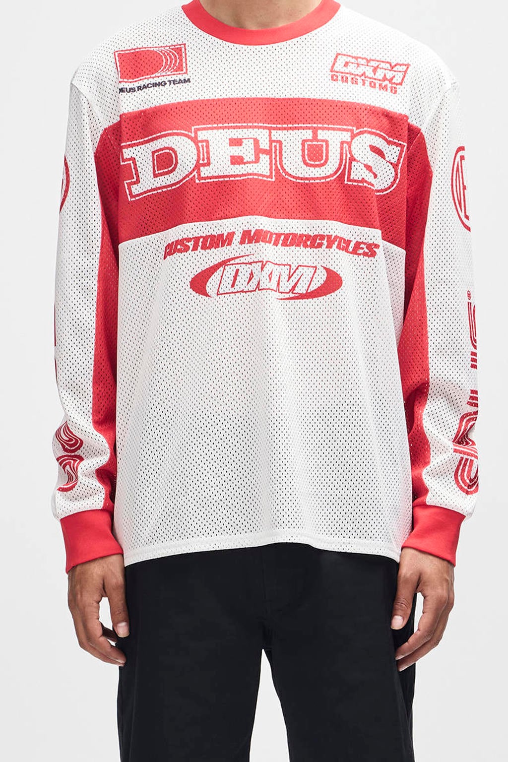 Wit en rode unisex Deus Ex Machina T-shirt van polyester met printopdruk, lange mouwen, ronde hals en semi-transparante details