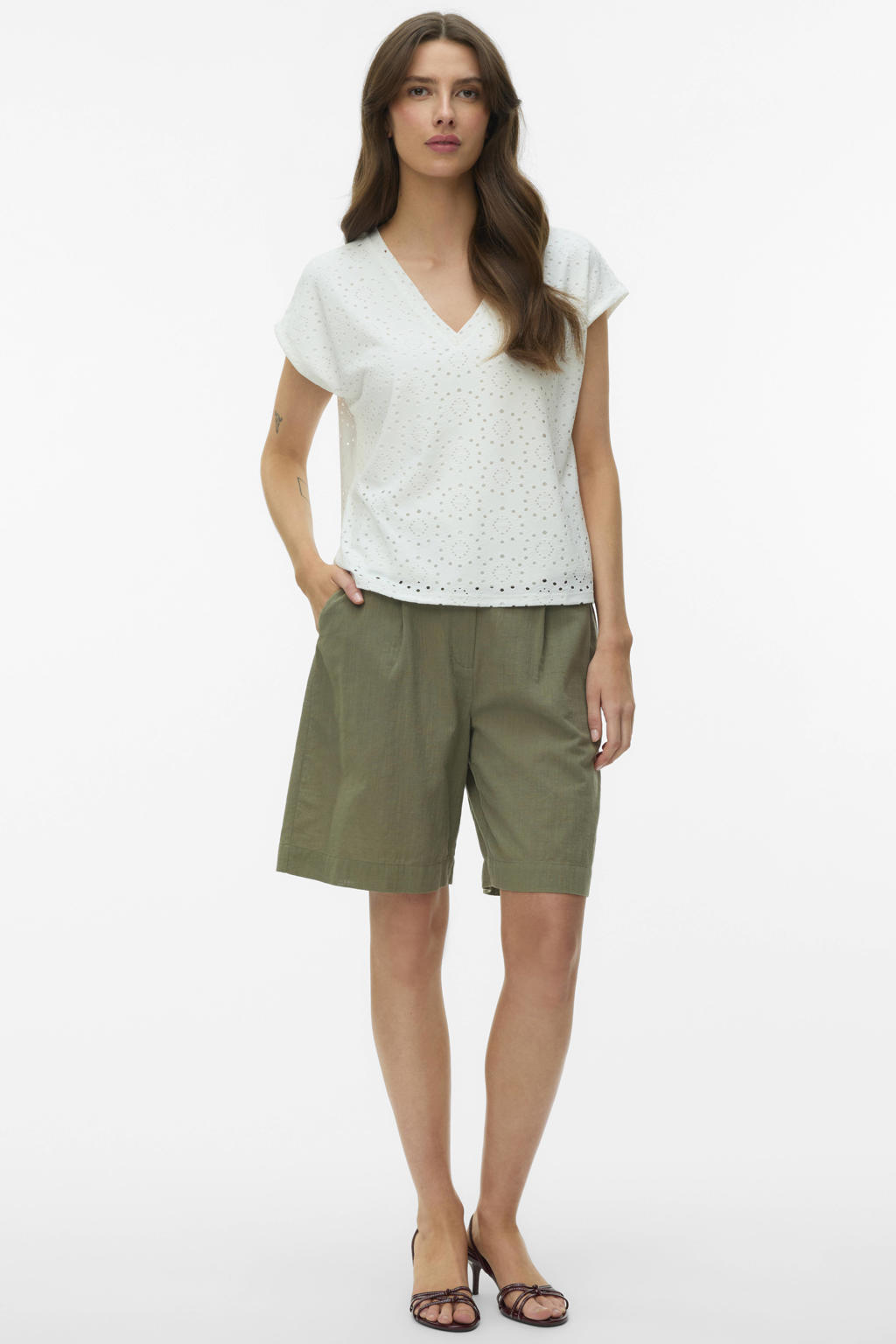 Lichtblauwe dames VERO MODA top broderie van polyester met effen, korte mouwen en V-hals