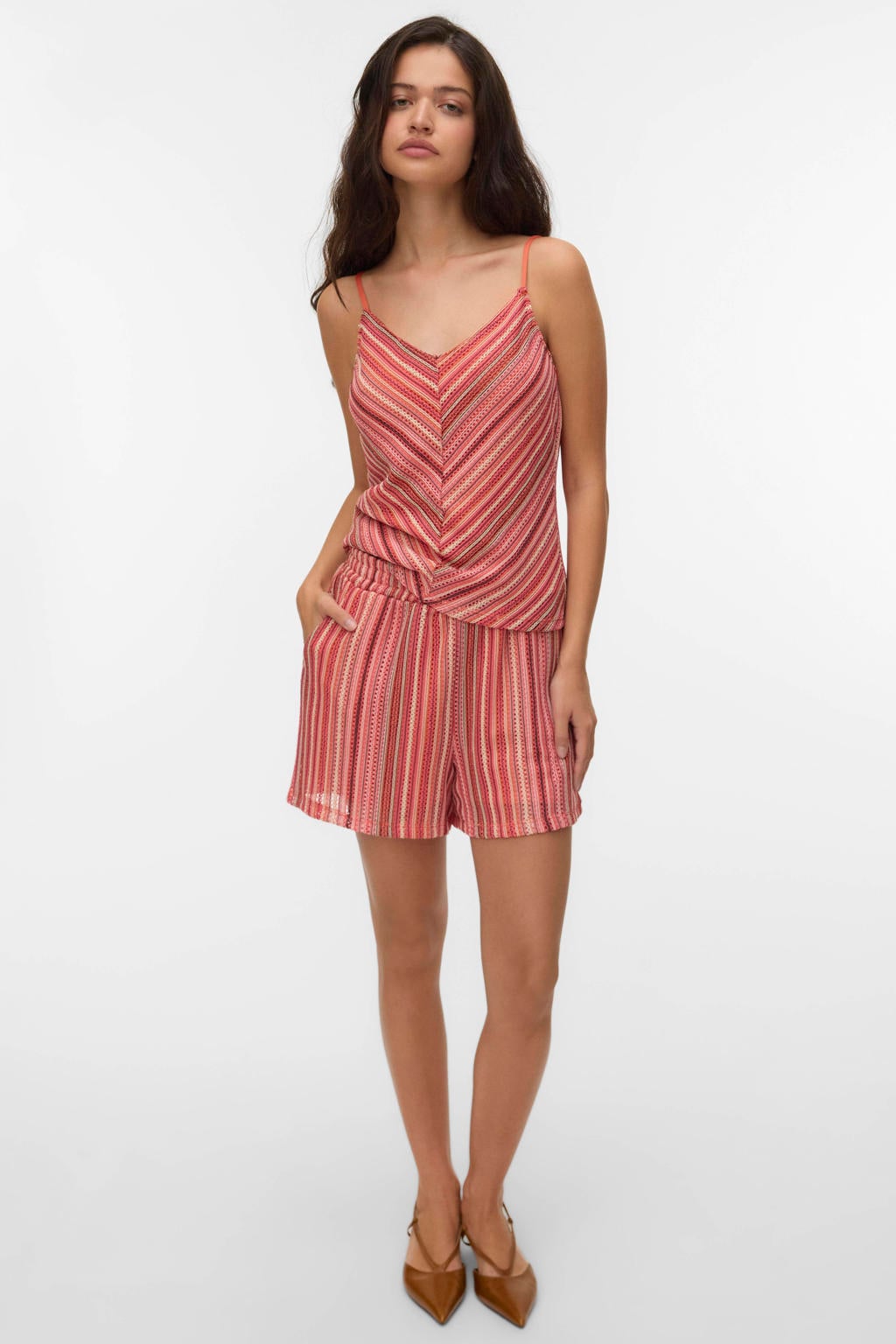 Koraalrode dames VERO MODA straight regular waist gestreepte casual short van polyester met elastische tailleband