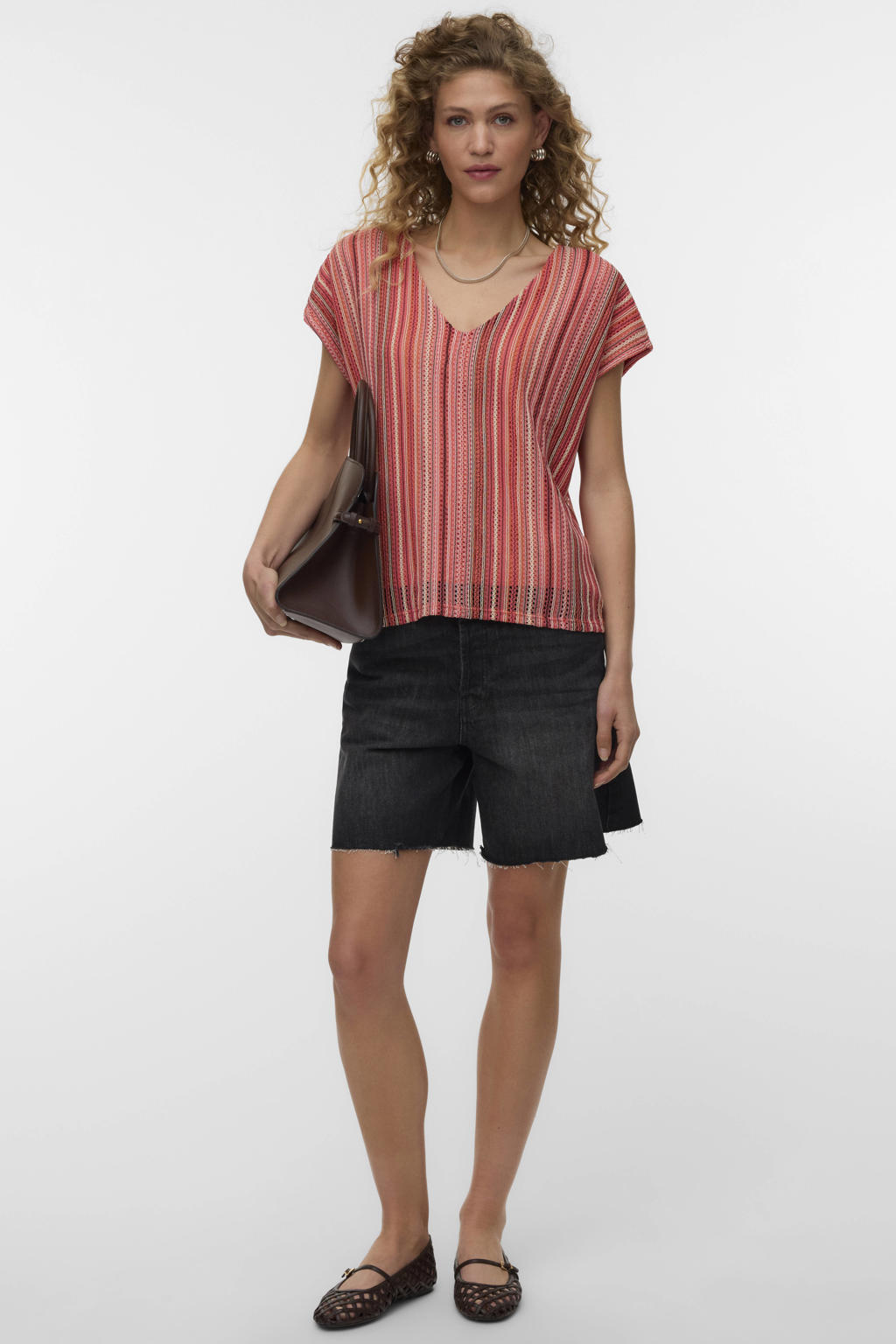 Rode dames VERO MODA gestreepte top van polyester met korte mouwen, V-hals en gebreide details