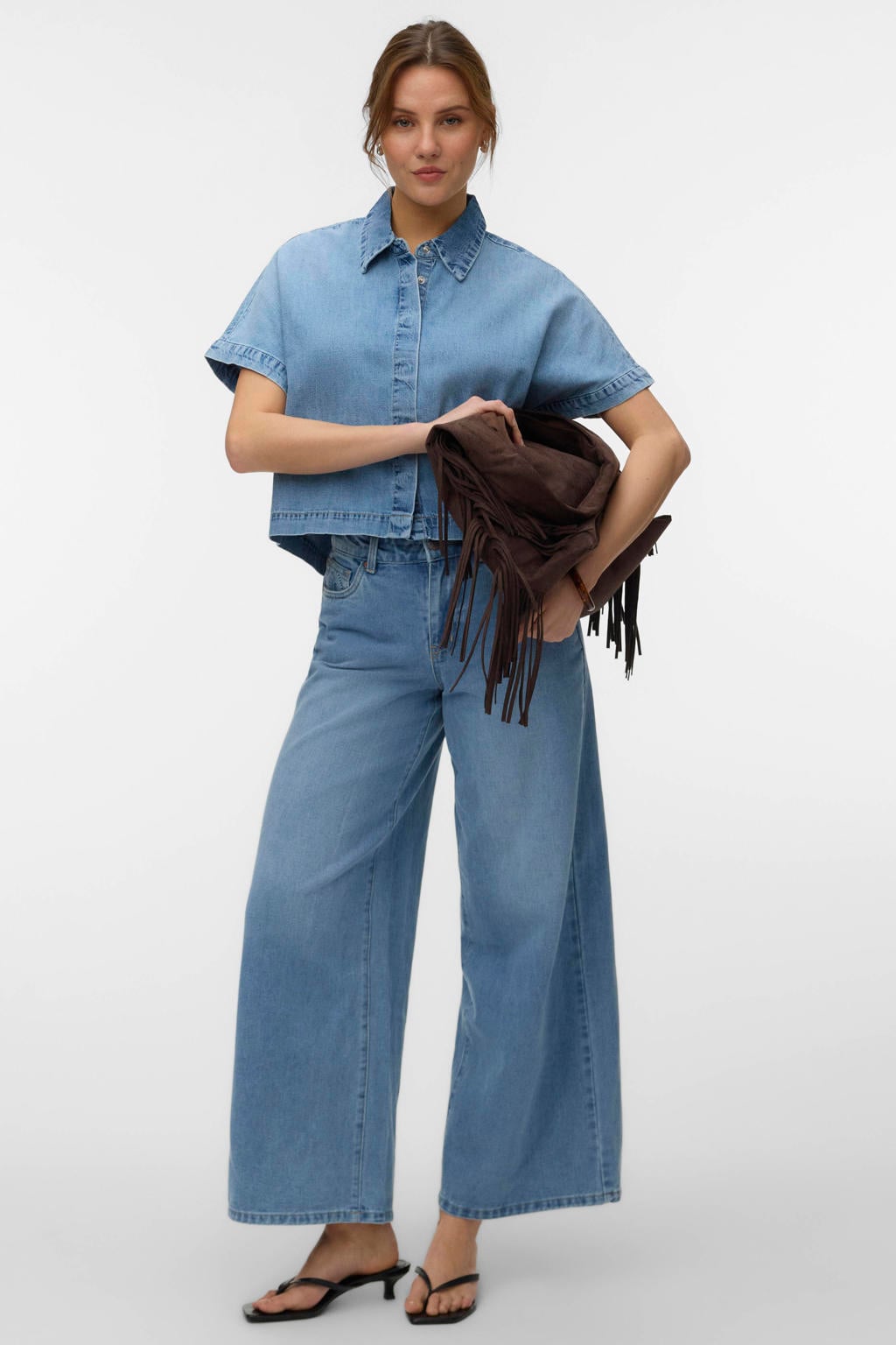Light blue denim dames VERO MODA blouse van denim met effen, korte mouwen, klassieke kraag en drukknoopsluiting