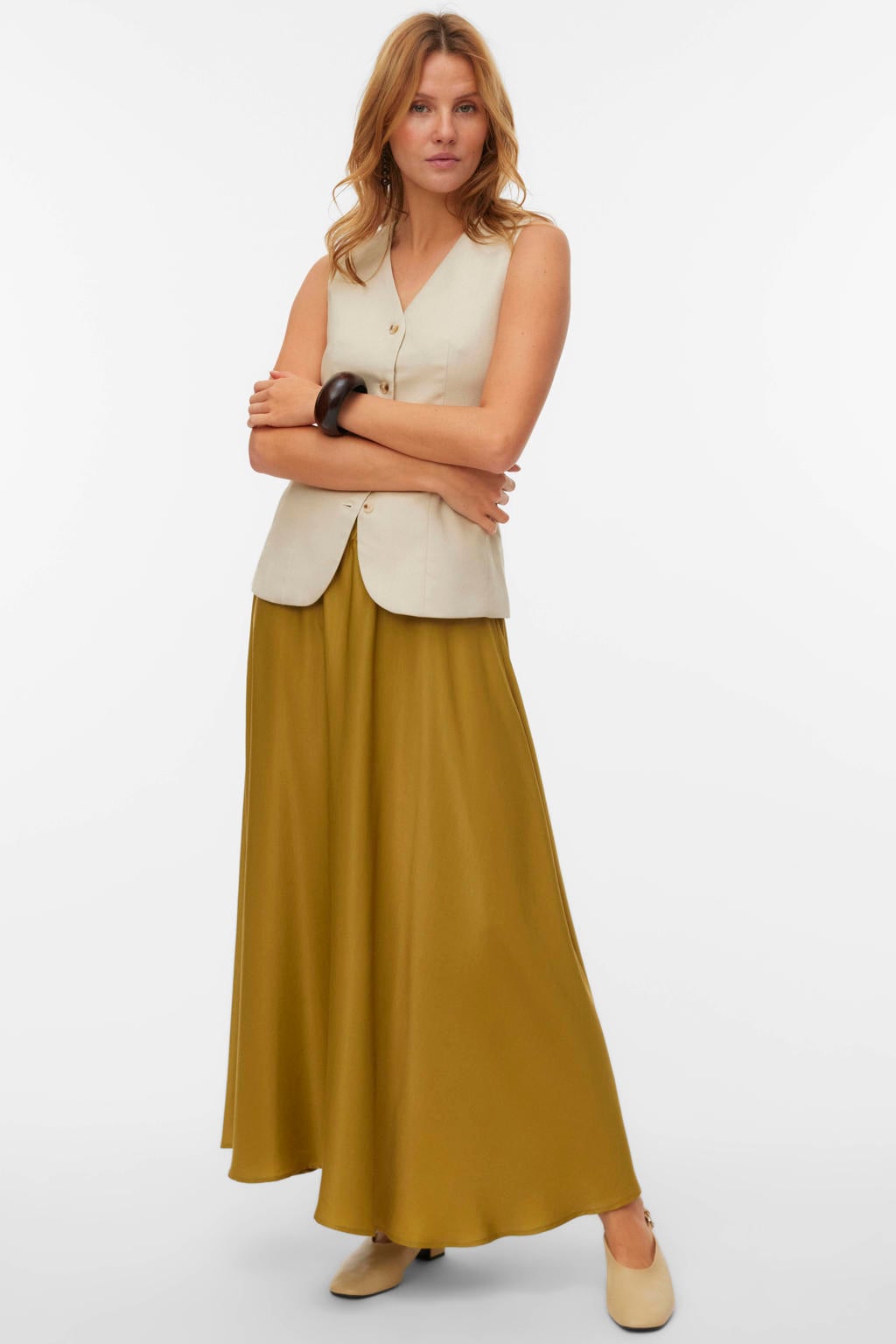 Olijfgroene dames VERO MODA A-lijn rok gemaakt van viscose en met elastische tailleband