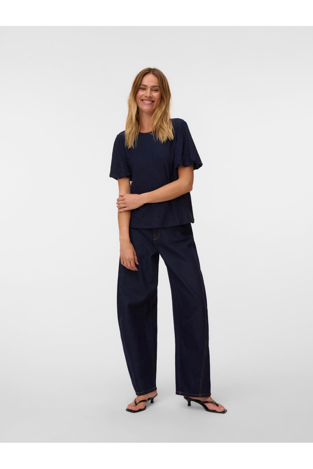Marineblauw dames VERO MODA top ajour blauw van polyester met effen, korte mouwen en ronde hals
