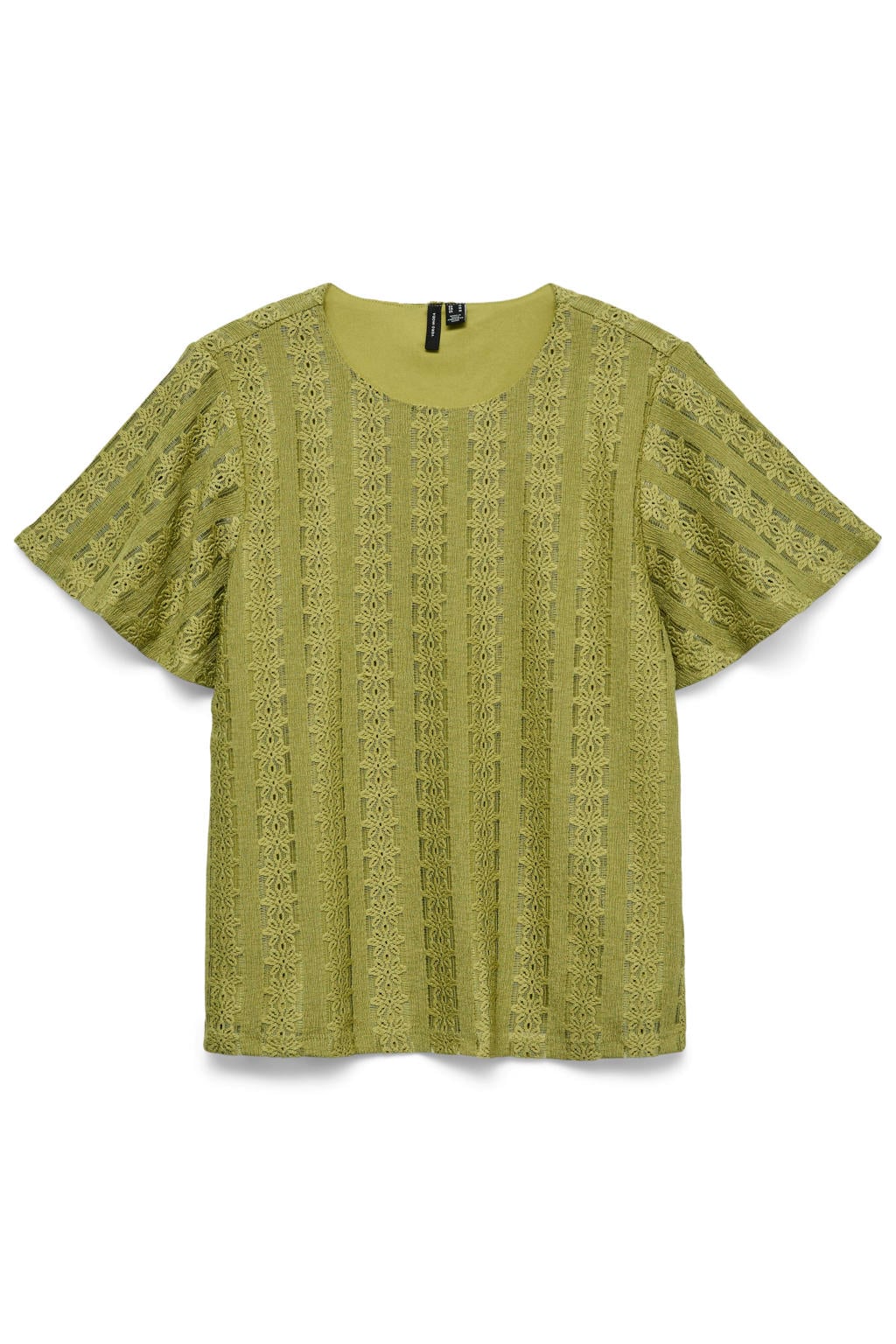 Olijfgroene dames VERO MODA top van polyester met effen, korte mouwen, ronde hals en borduursels