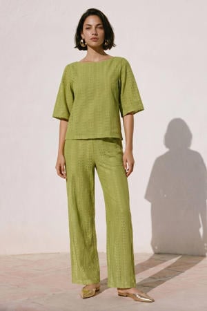 wide leg regular waist casual broek olijfgroen