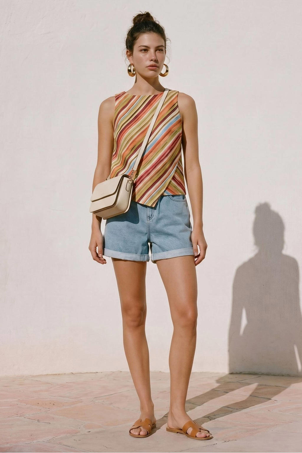 Multikleurige dames VERO MODA gestreepte asymmetrische top met ronde hals en geweven detail