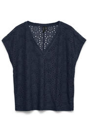 thumbnail: Marineblauw dames VERO MODA top broderie blauw van polyester met effen, korte mouwen en V-hals