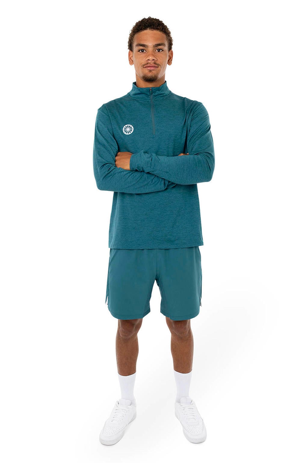 Petrolkleurige heren The Indian Maharadja sportshirt van polyester met effen, lange mouwen, opstaande kraag en halve rits