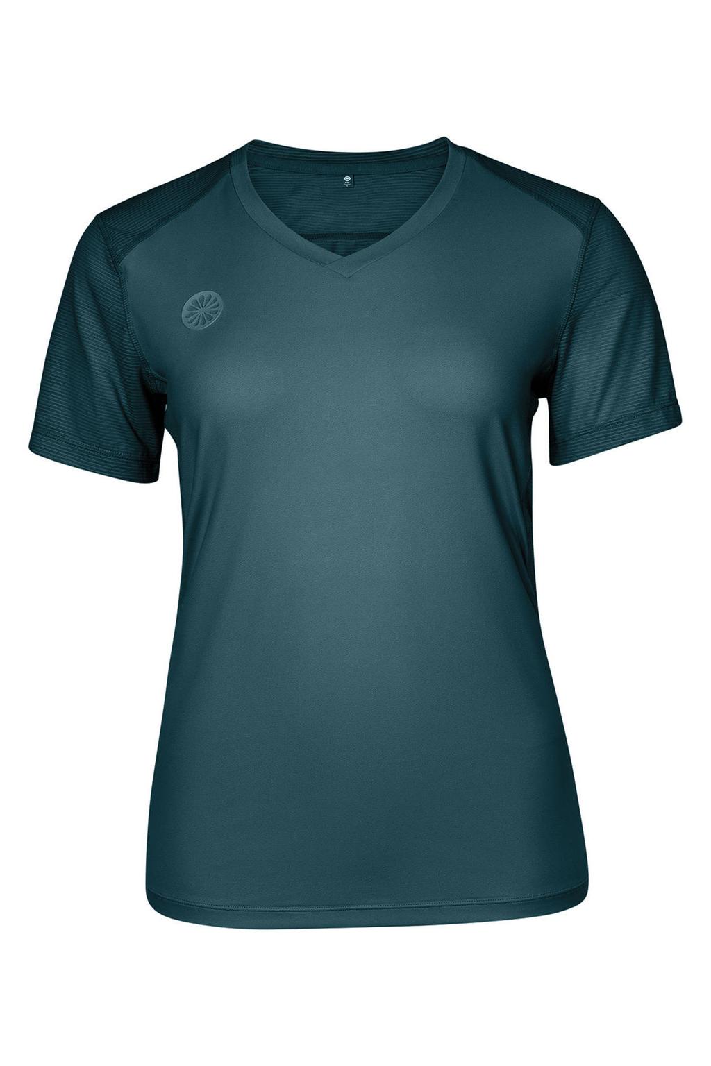 Petrolkleurige dames The Indian Maharadja Goa Dry Touch sportshirt van polyester met effen, korte mouwen en V-hals