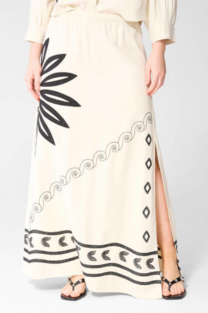 viscose midi rok met split en print - ecru