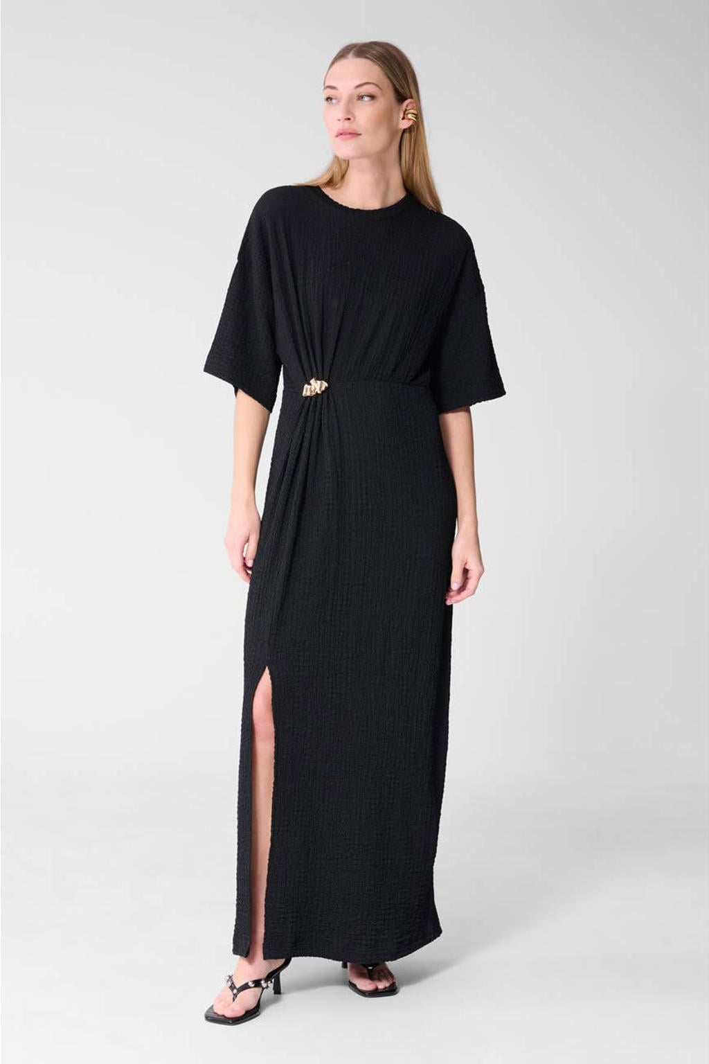 Zwarte dames Shoeby maxi jurk van polyester met effen, driekwart mouwen, ronde hals en knoopdetail