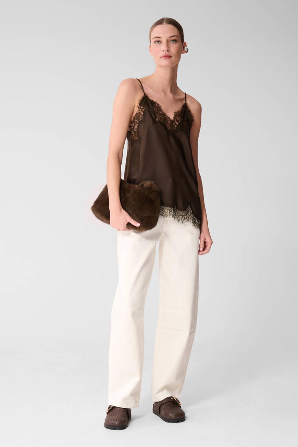 Bruine dames Shoeby asymmetrische top van polyester met effen, spaghettibandjes en V-hals