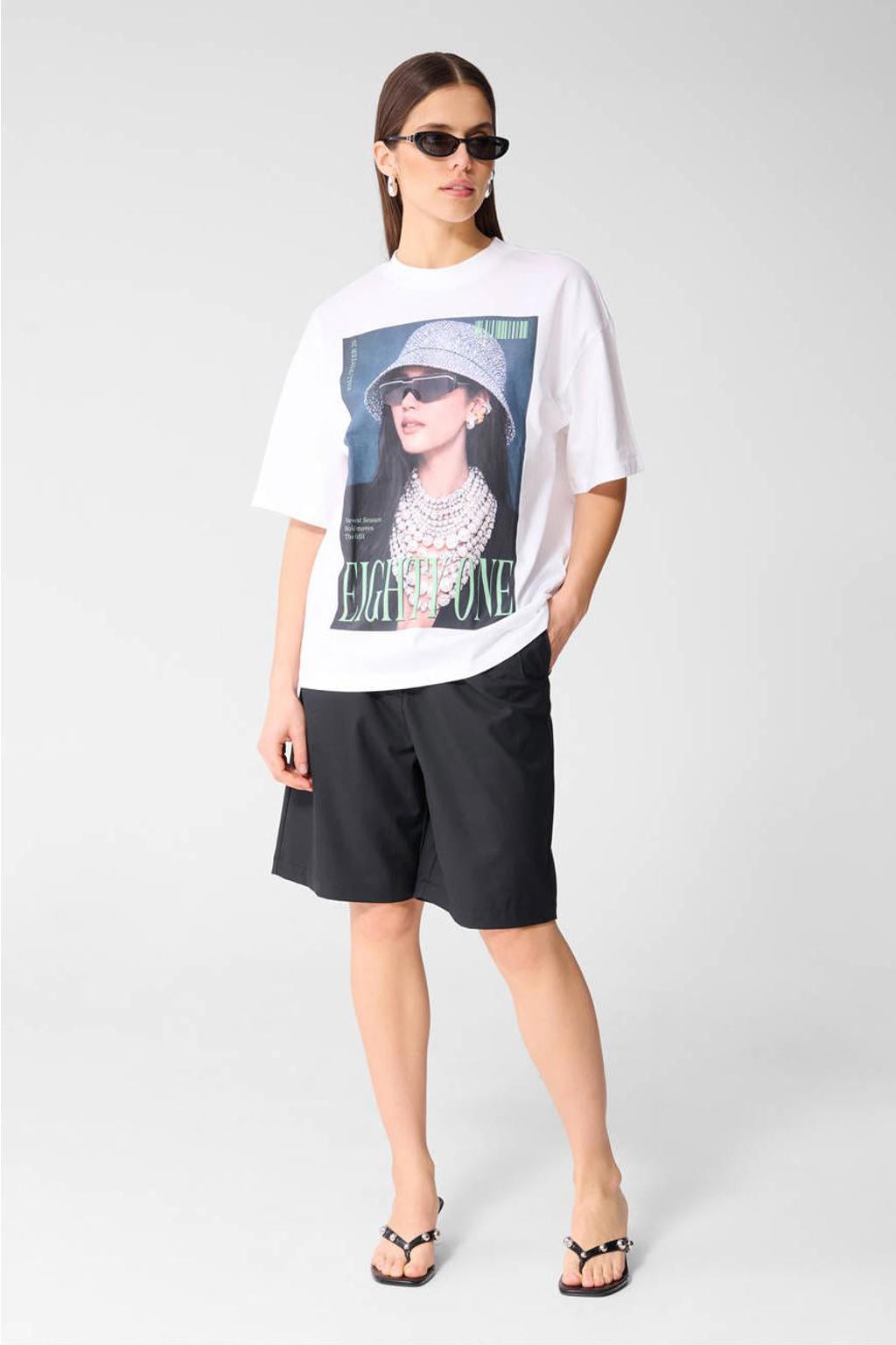 Witte dames Shoeby T-shirt van katoen met printopdruk, korte mouwen en ronde hals