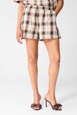 high waist straight fit geruite korte broek - bruin