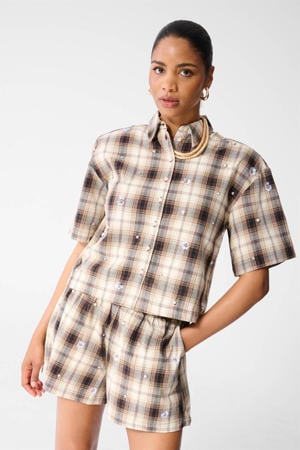 viscose geruite blouse met strass-steentjes - bruin