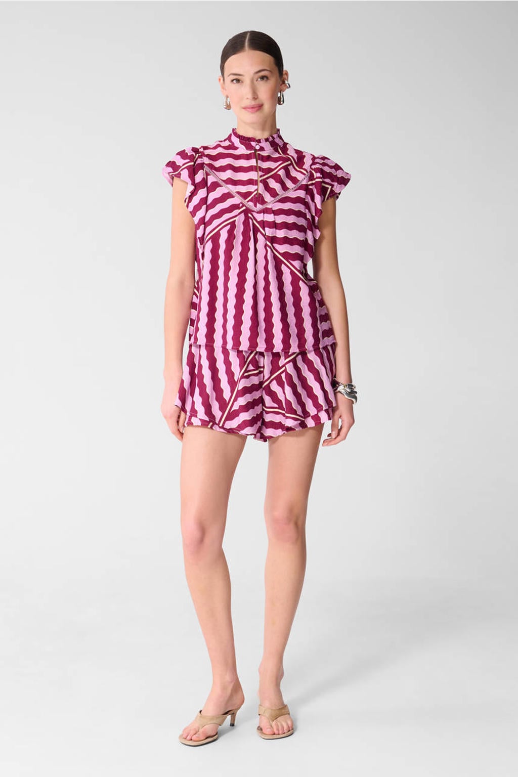 Shoeby viscose high waist straight leg casual short met print - roze