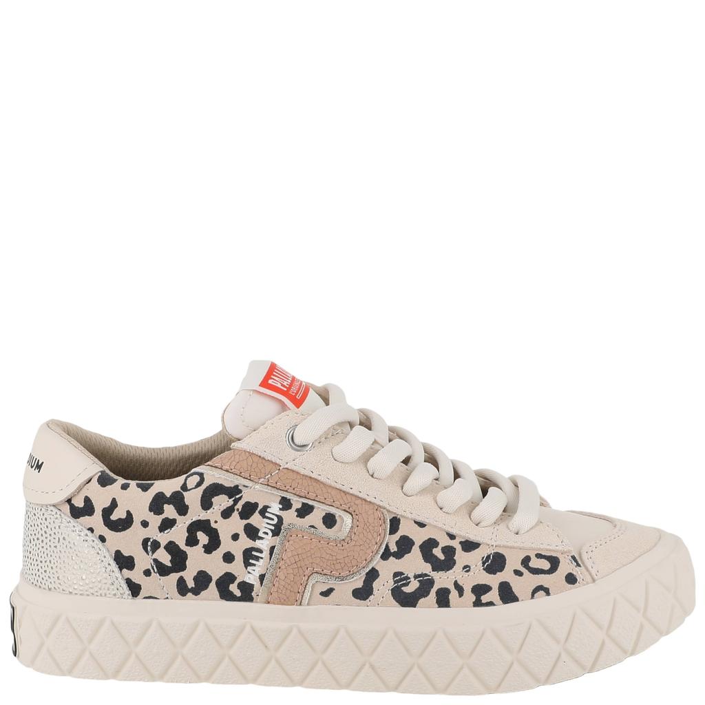 Beige en zwarte dames Palladium Ace Lo Mix Wild leren sneakers met veters en panterprint