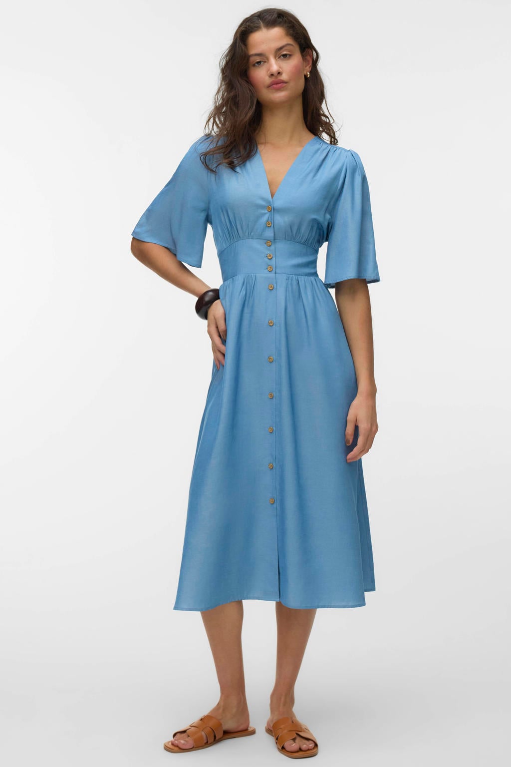 Light blue denim dames VERO MODA A-lijn jurk van denim met effen, half lange mouwen, V-hals, knoopsluiting en geweven detail