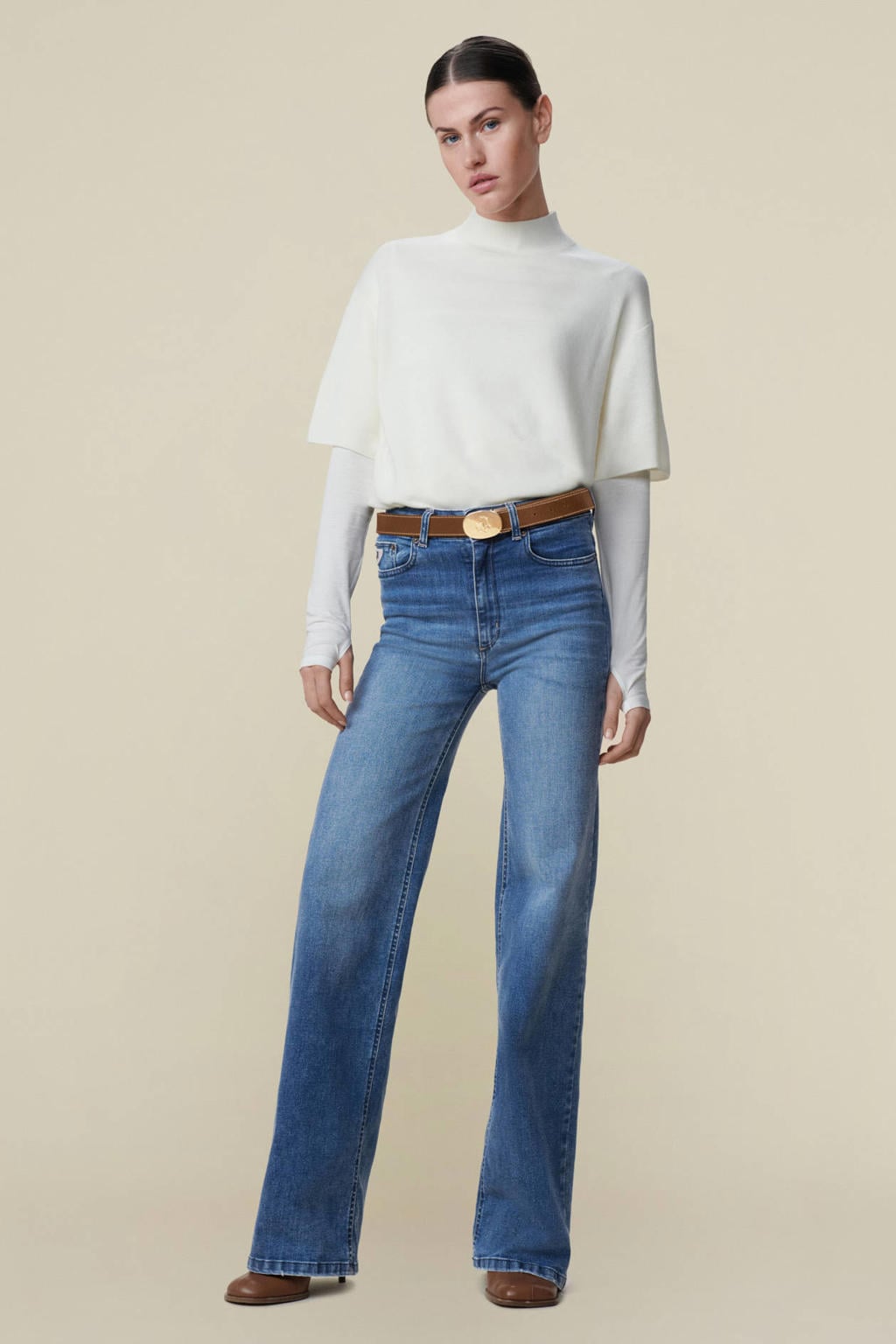 Medium blue denim dames Lois wide leg jeans van denim met rits- en knoopsluiting en effen