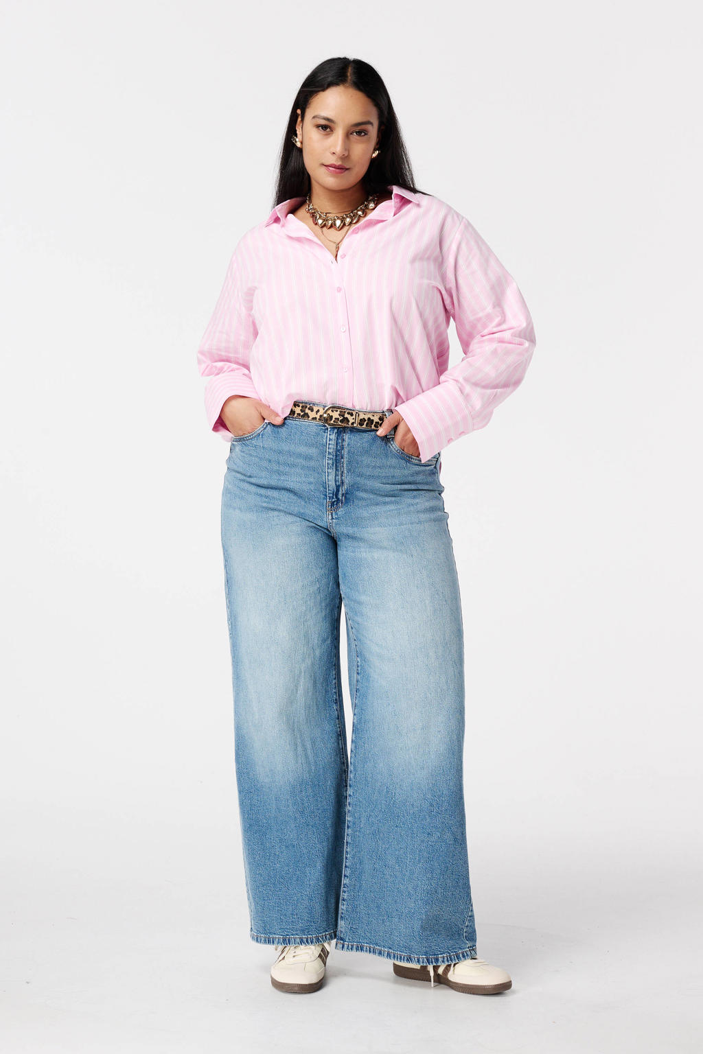 Roze dames MS Mode gestreepte blouse van katoen met lange mouwen, klassieke kraag en knoopsluiting