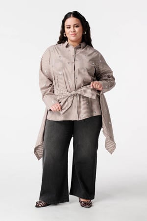 blouse met krijtstreep bruin met pailletten