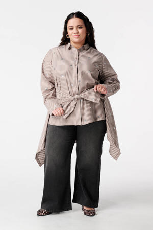 blouse met krijtstreep bruin met pailletten