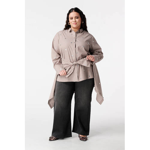 MS Mode blouse met krijtstreep bruin met pailletten afbeelding