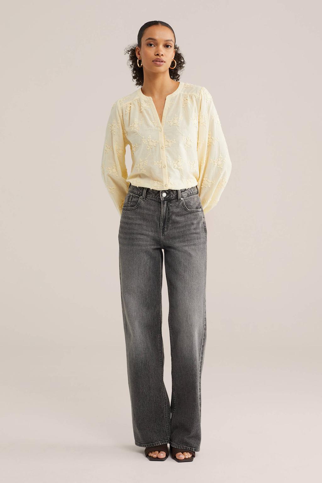 Lichtgele dames WE Fashion gebloemde blouse van katoen met lange mouwen, V-hals en knoopsluiting