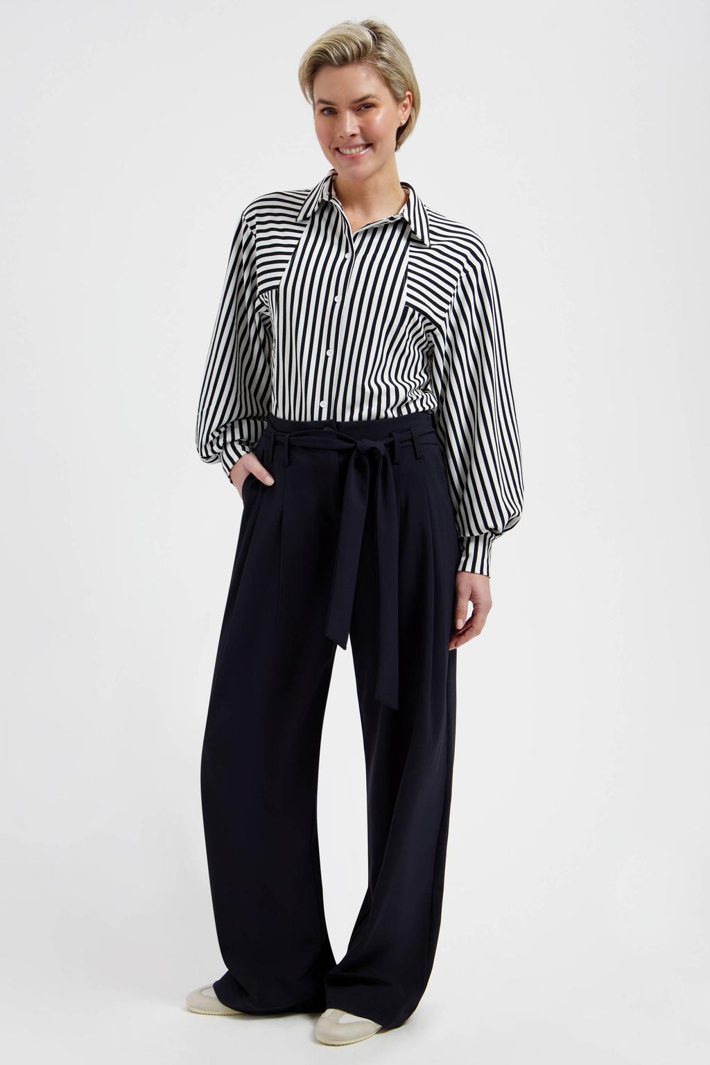 Donkerblauwe dames Lady Day wide leg high waist broek met knoopsluiting en effen
