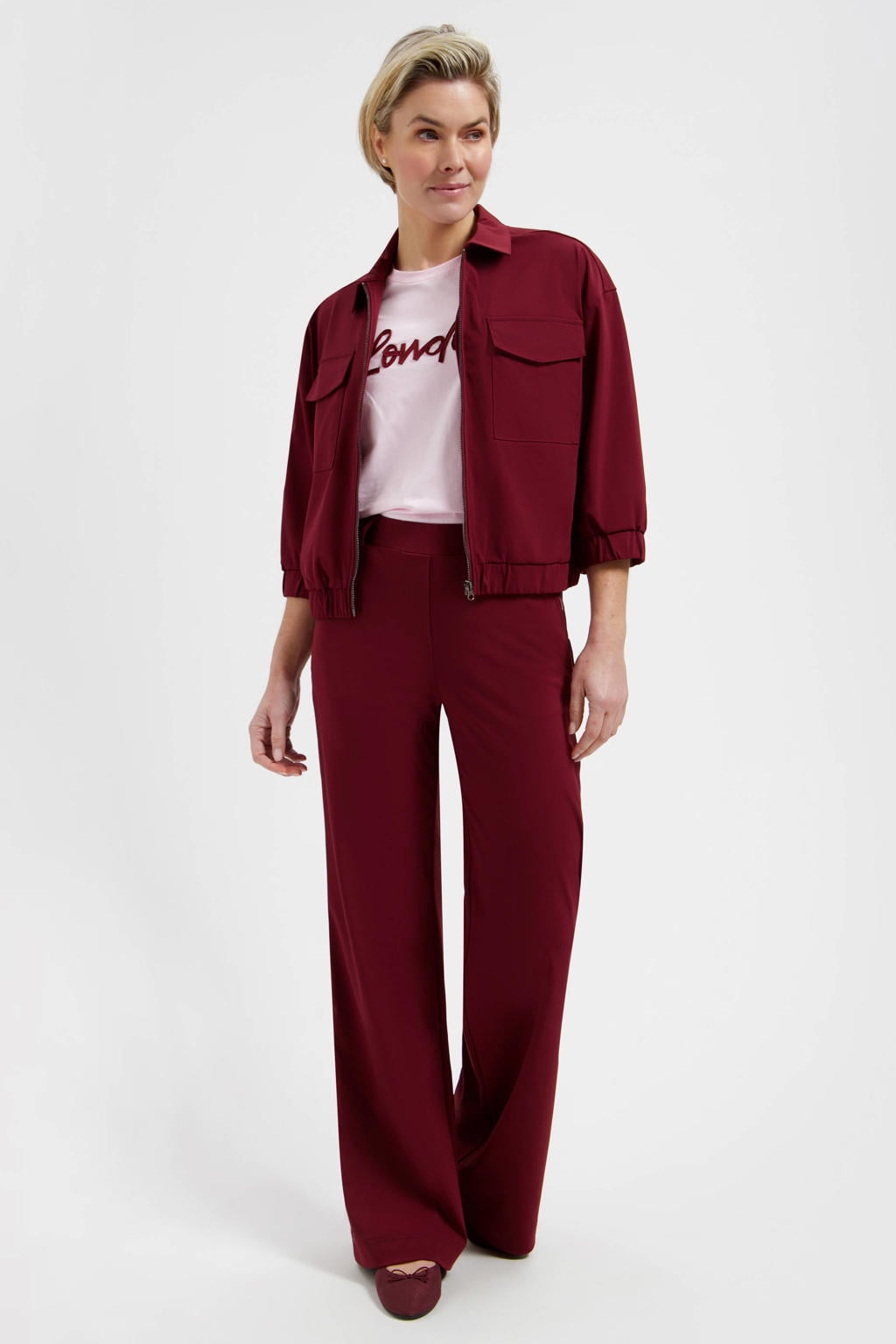 Donkerrode dames Lady Day regular high waist broek van polyamide met effen